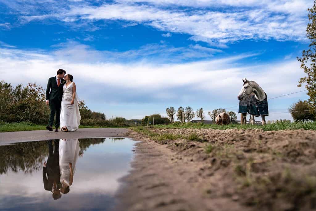 Bruidspaar loopt al kijkend naar elkaar voor een zoen omarmd over wandelpad en paard kijkt vanaf de wei naar hen © Stefan van Beek