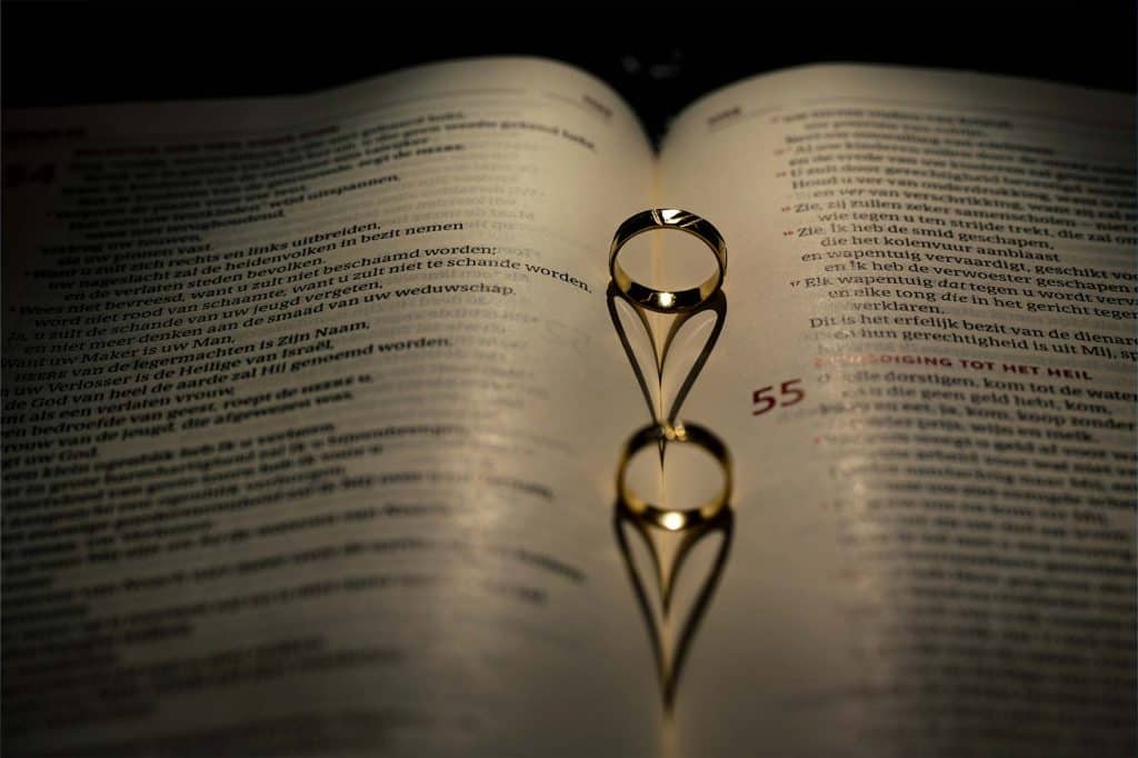 Opengeslagen bijbel met twee trouwringen die in het midden rechtop staan en waarvan de schaduw twee hartjes vormt © bruidsfotograaf Stefan van Beek